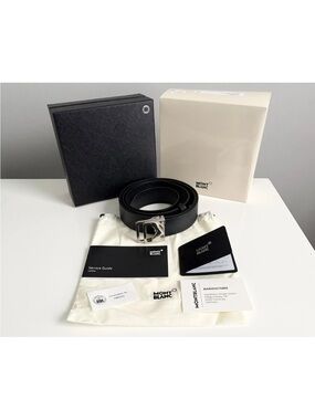 Authentic Montblanc M Buckle Double Ring Dark Blue Black Sfumato Leather Belt